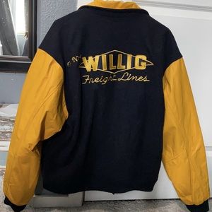 Vintage 1990’s Blue and Yellow Willig Freight Lines Leather Jacket